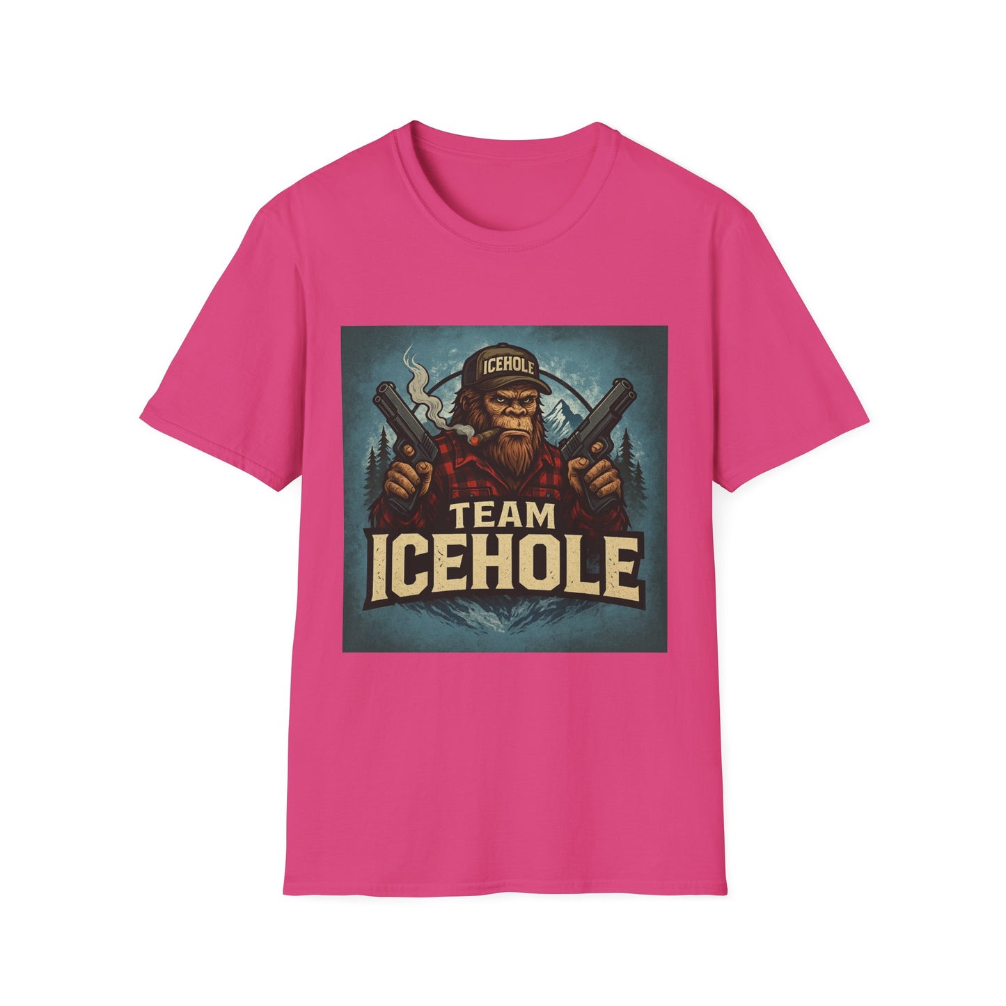 Team Icehole Unisex Softstyle T-Shirt Big Foot With Background and Guns