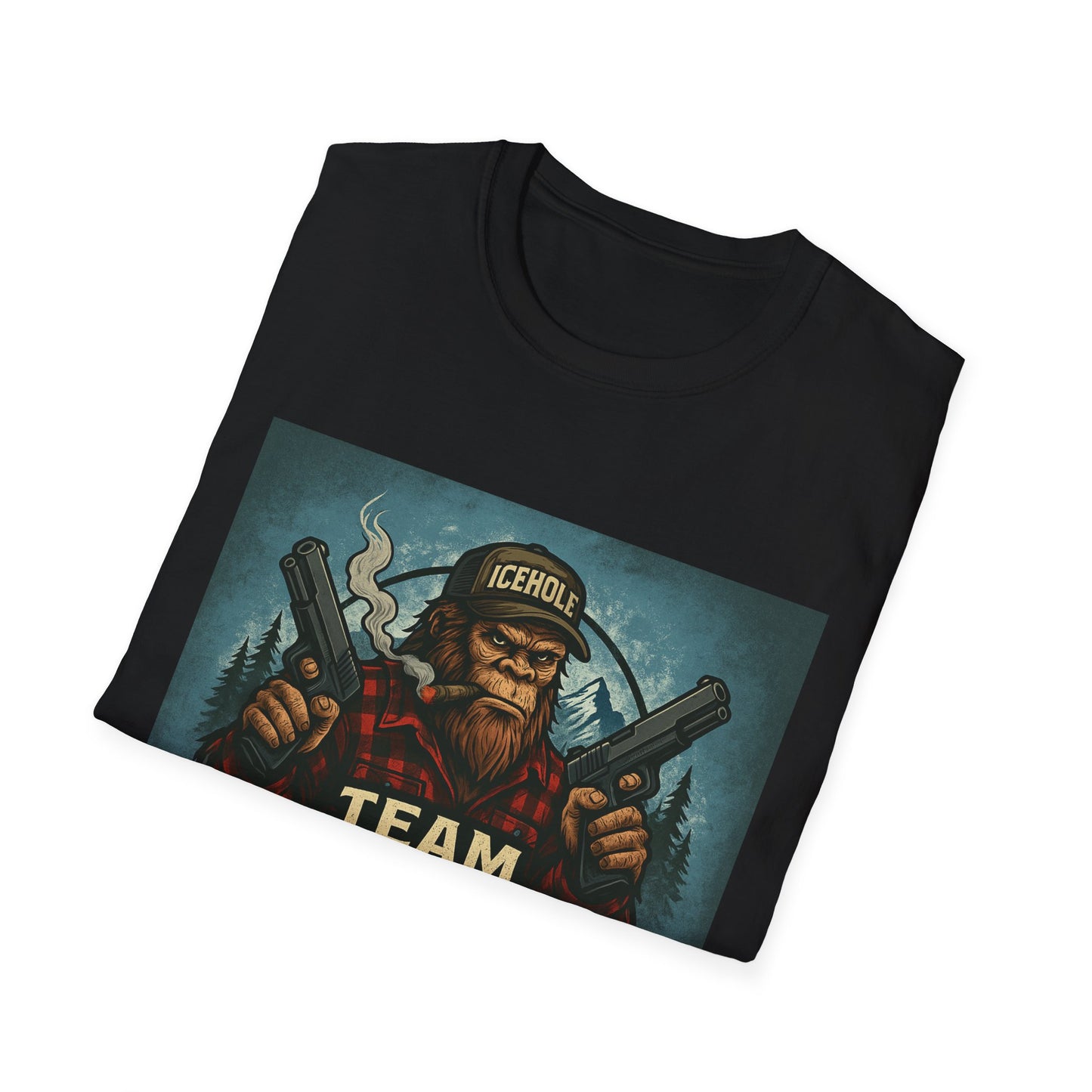 Team Icehole Unisex Softstyle T-Shirt Big Foot With Background and Guns