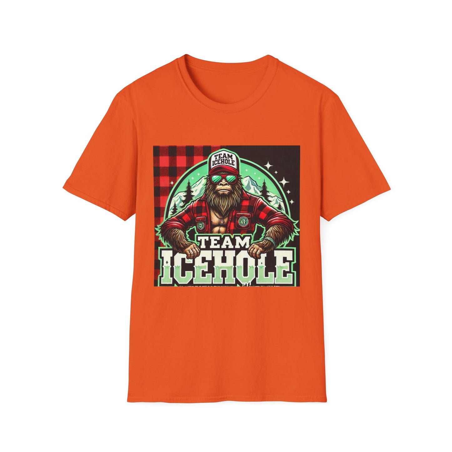 T-Shirt for Outdoor Enthusiasts - Team IceHole BigFoot Holding Logo