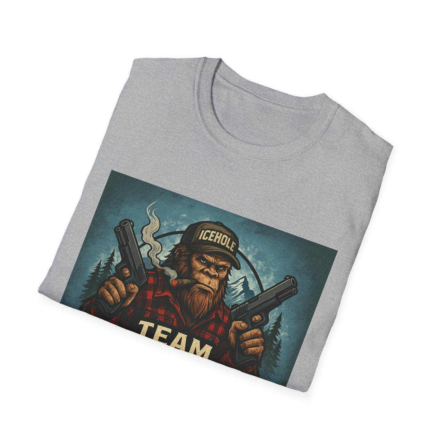 Team Icehole Unisex Softstyle T-Shirt Big Foot With Background and Guns