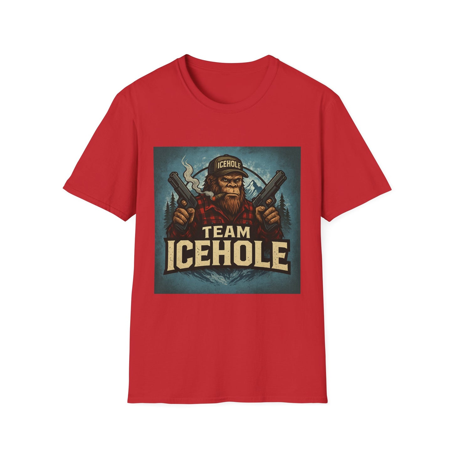 Team Icehole Unisex Softstyle T-Shirt Big Foot With Background and Guns