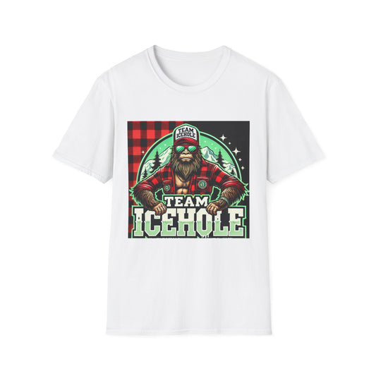 T-Shirt for Outdoor Enthusiasts - Team IceHole BigFoot Holding Logo