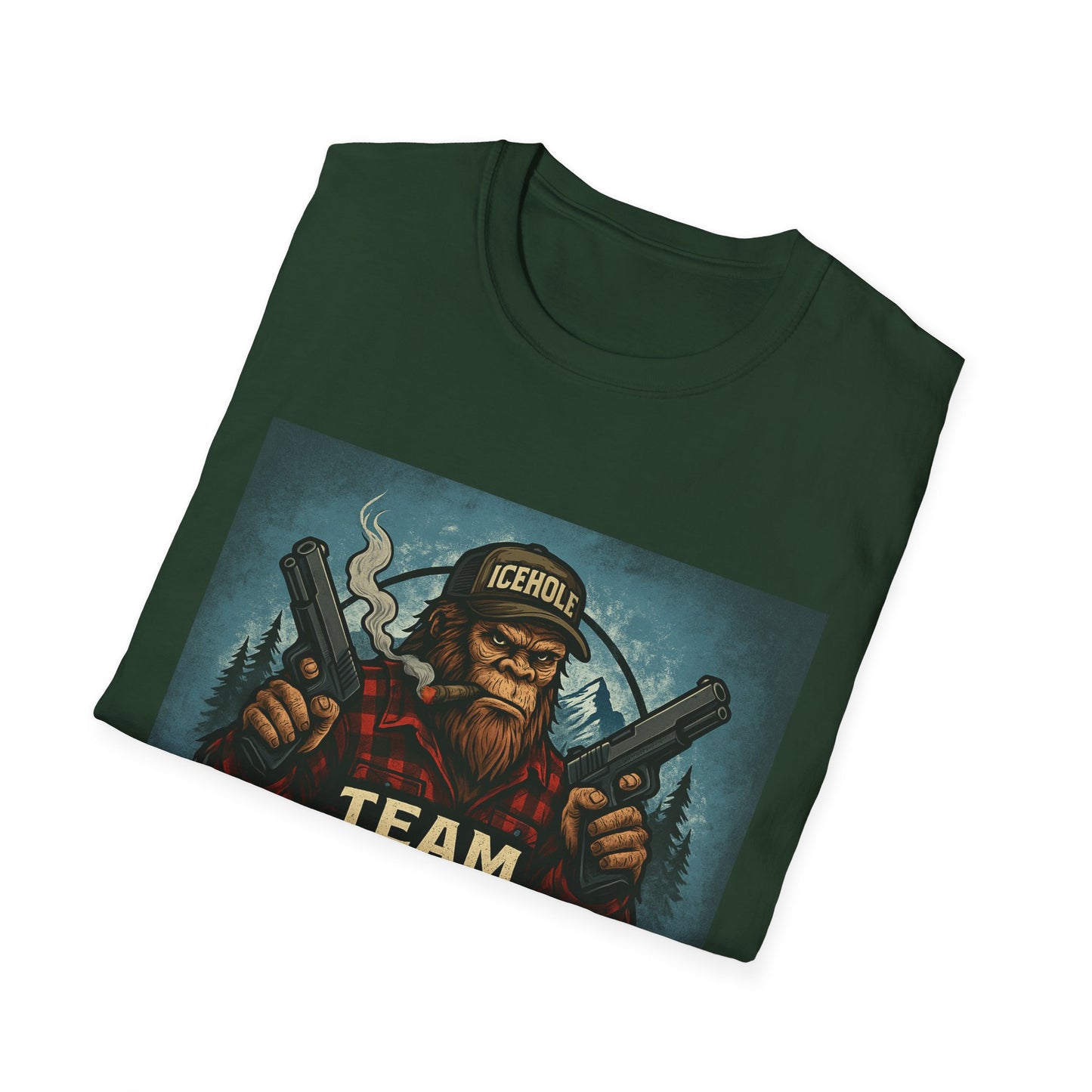 Team Icehole Unisex Softstyle T-Shirt Big Foot With Background and Guns