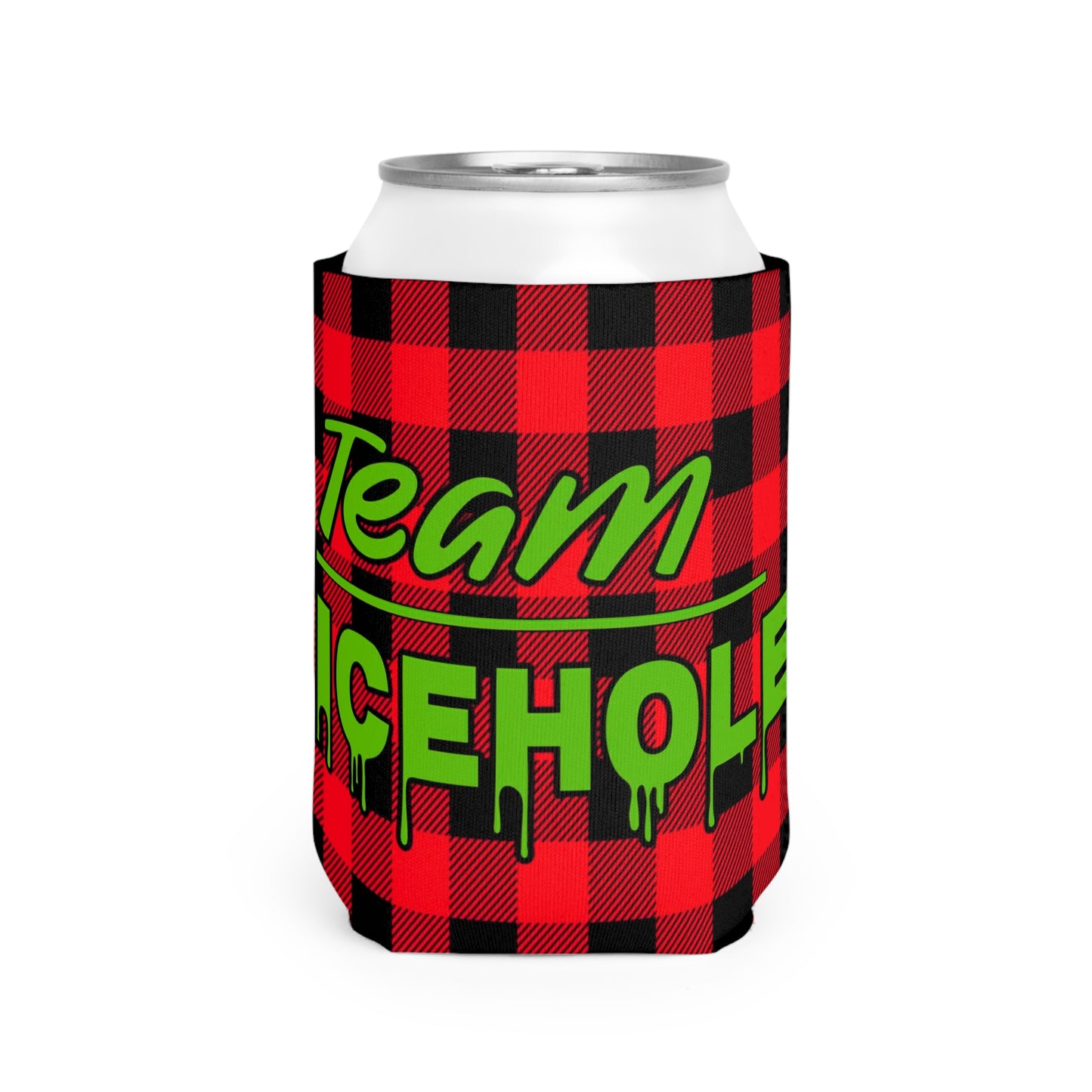 Team Icehole Red Buffalo Plaid Can Cooler Sleeve