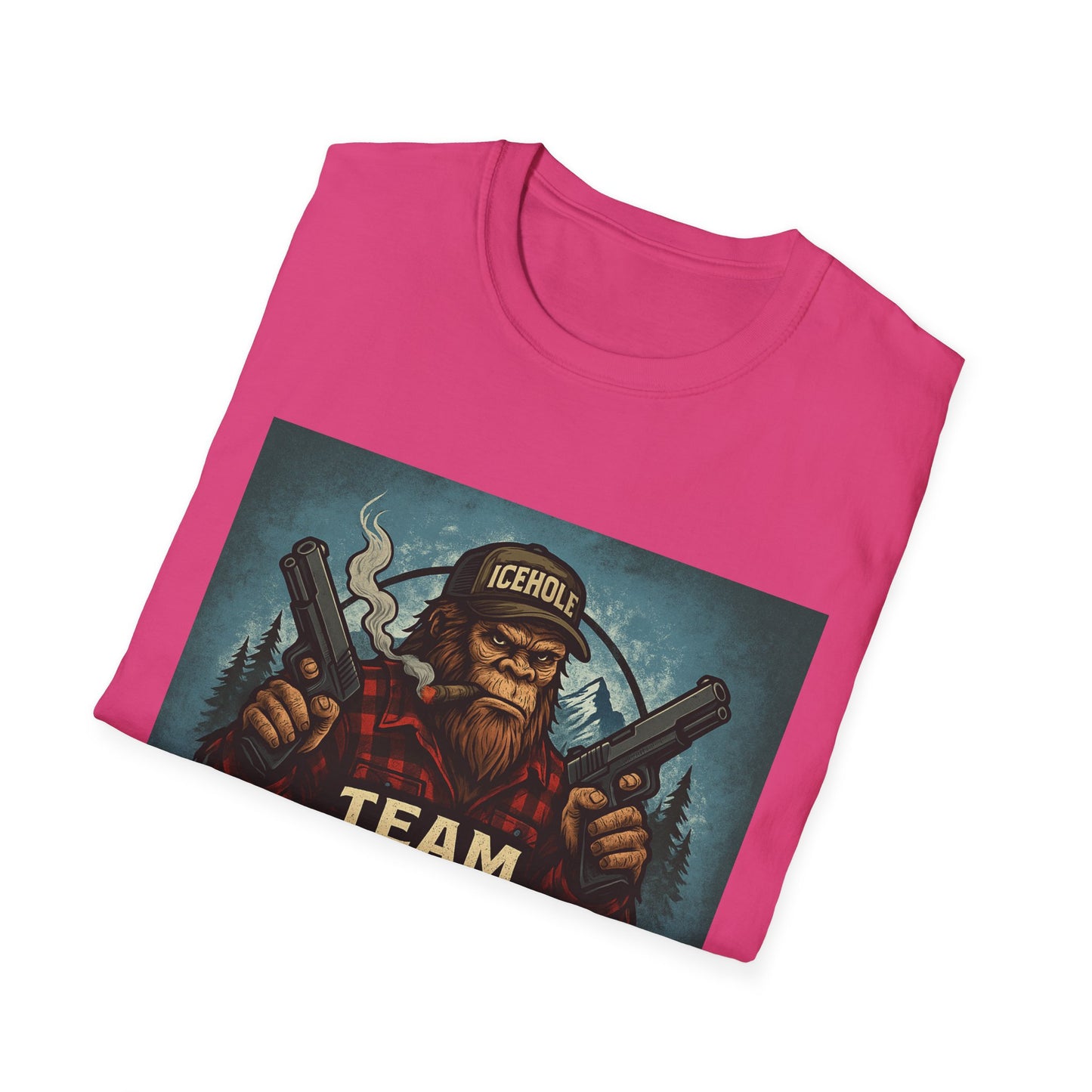 Team Icehole Unisex Softstyle T-Shirt Big Foot With Background and Guns