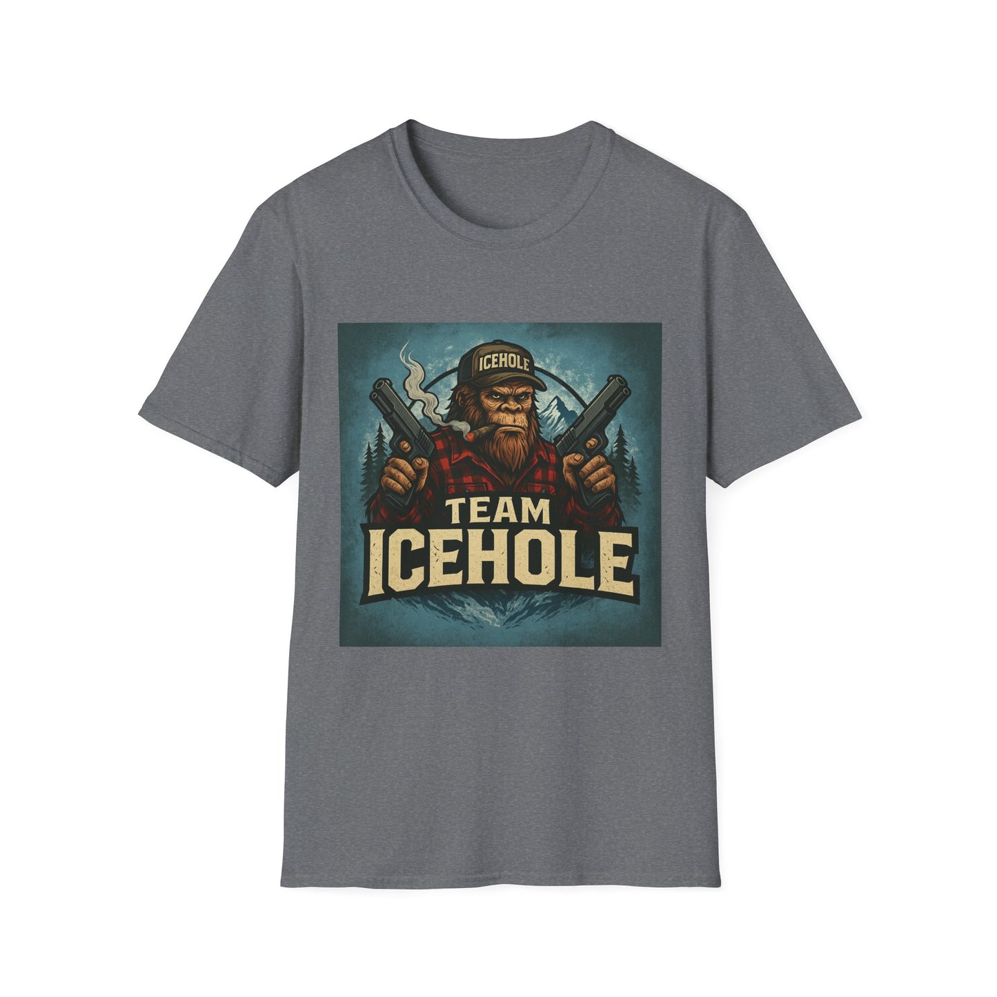 Team Icehole Unisex Softstyle T-Shirt Big Foot With Background and Guns