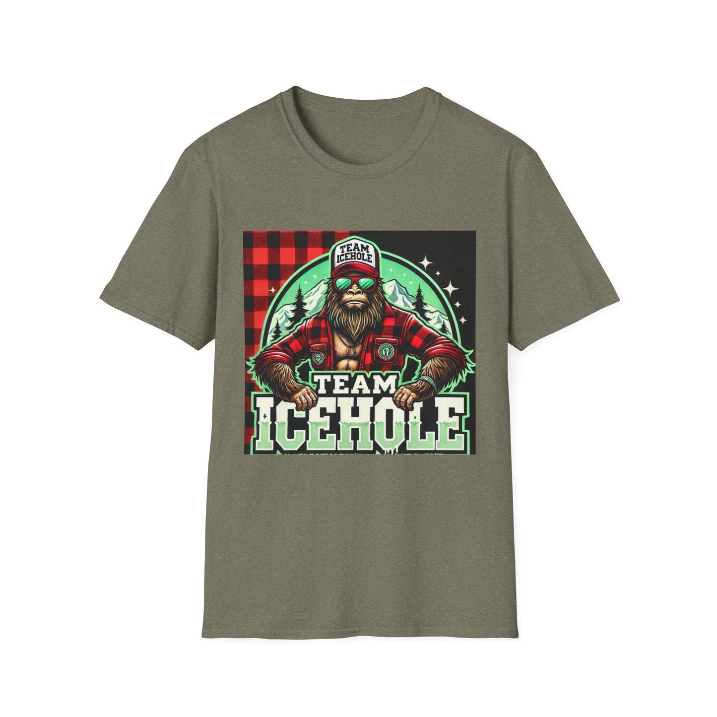 T-Shirt for Outdoor Enthusiasts - Team IceHole BigFoot Holding Logo