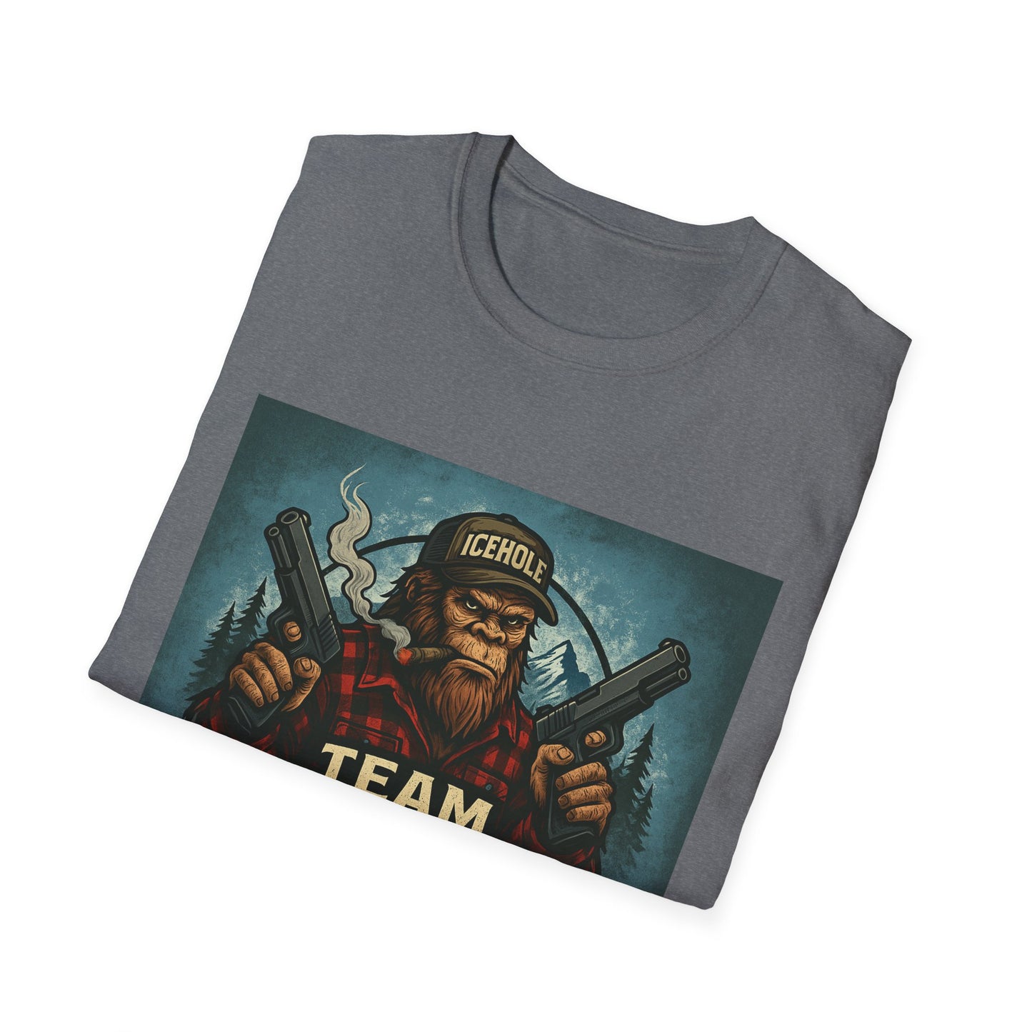 Team Icehole Unisex Softstyle T-Shirt Big Foot With Background and Guns