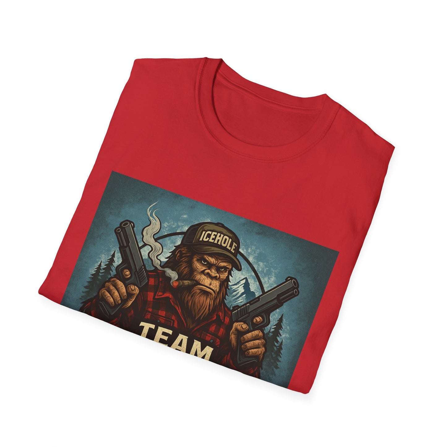 Team Icehole Unisex Softstyle T-Shirt Big Foot With Background and Guns
