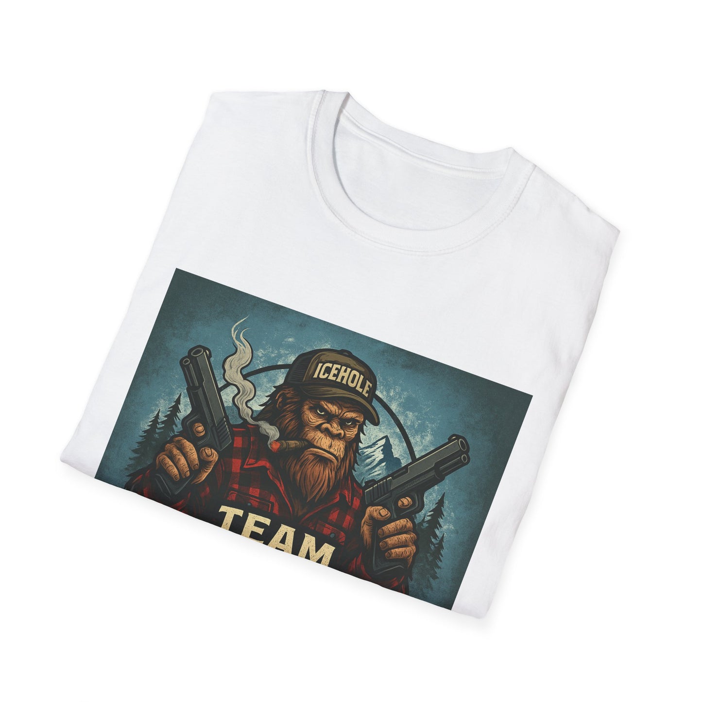 Team Icehole Unisex Softstyle T-Shirt Big Foot With Background and Guns