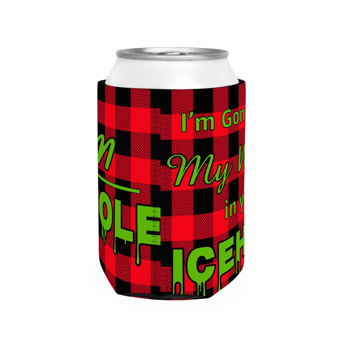 Team Icehole Red Buffalo Plaid Can Cooler Sleeve