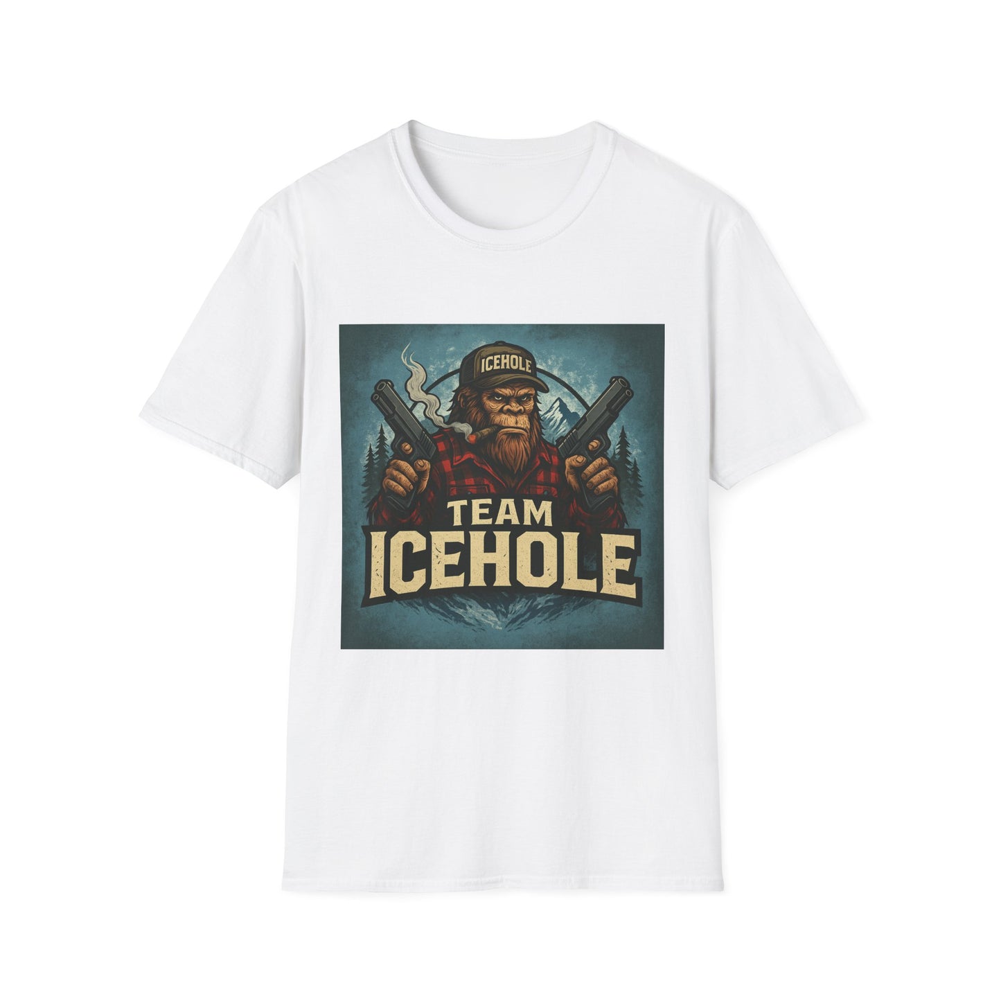 Team Icehole Unisex Softstyle T-Shirt Big Foot With Background and Guns