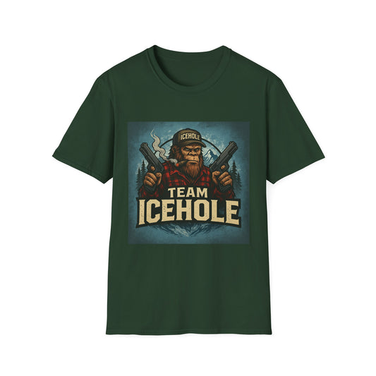 Team Icehole Unisex Softstyle T-Shirt Big Foot With Background and Guns