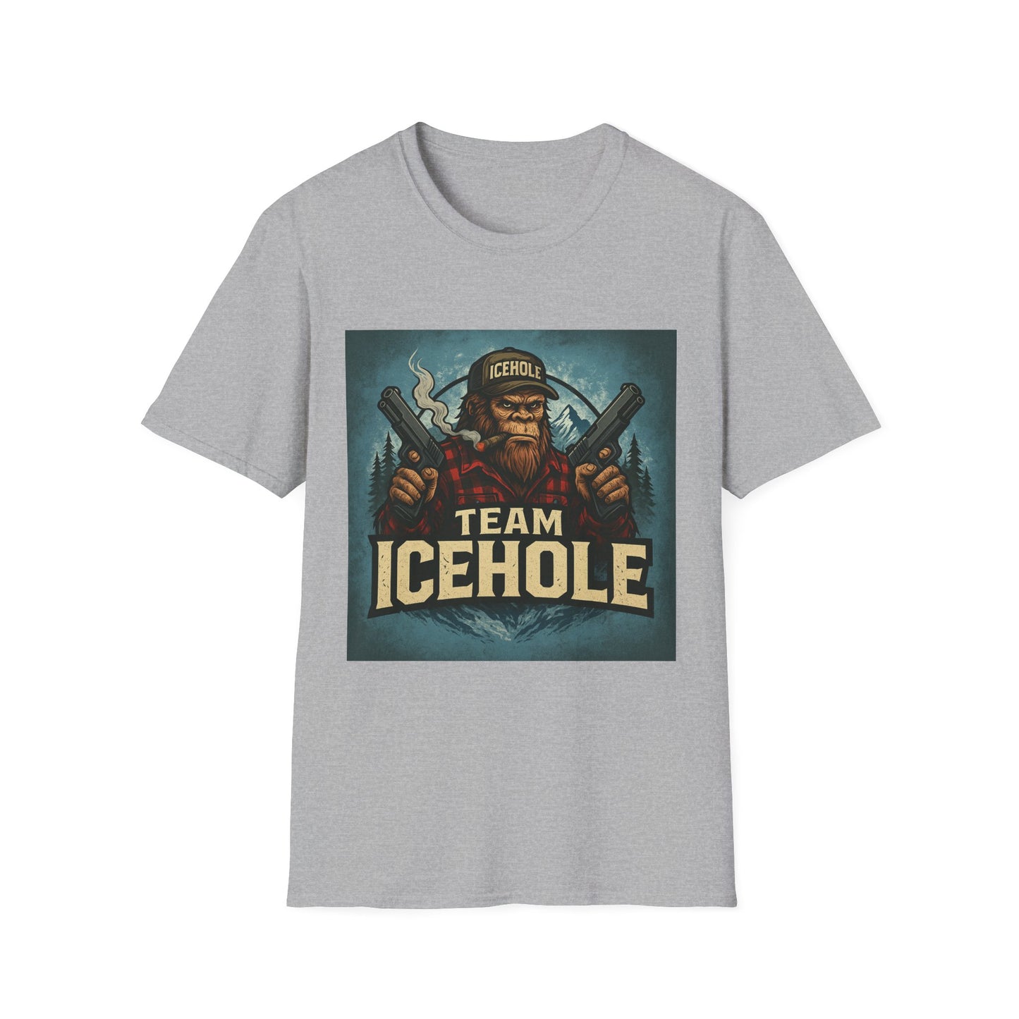 Team Icehole Unisex Softstyle T-Shirt Big Foot With Background and Guns