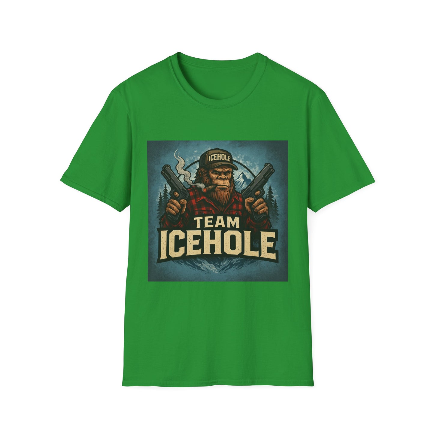 Team Icehole Unisex Softstyle T-Shirt Big Foot With Background and Guns