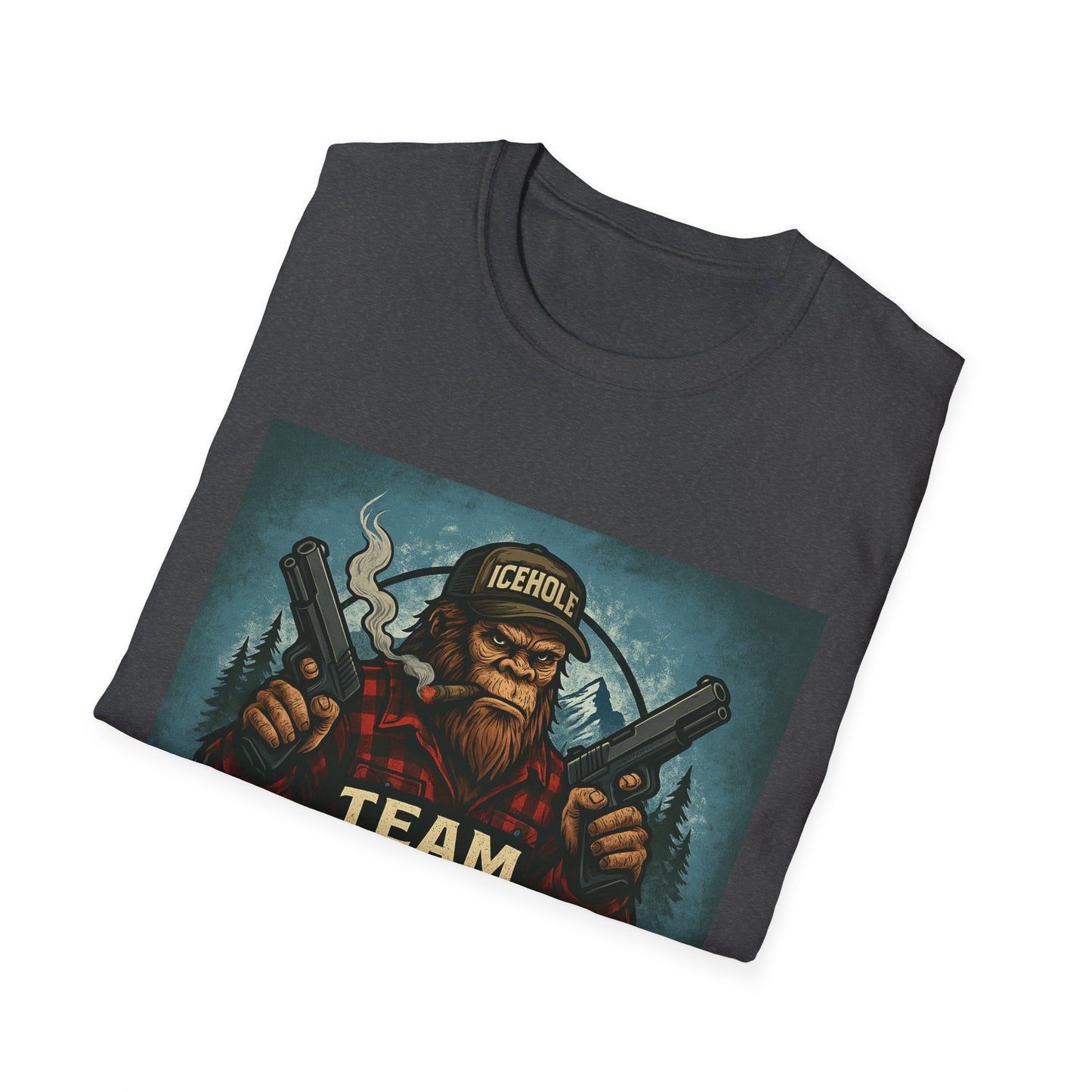 Team Icehole Unisex Softstyle T-Shirt Big Foot With Background and Guns