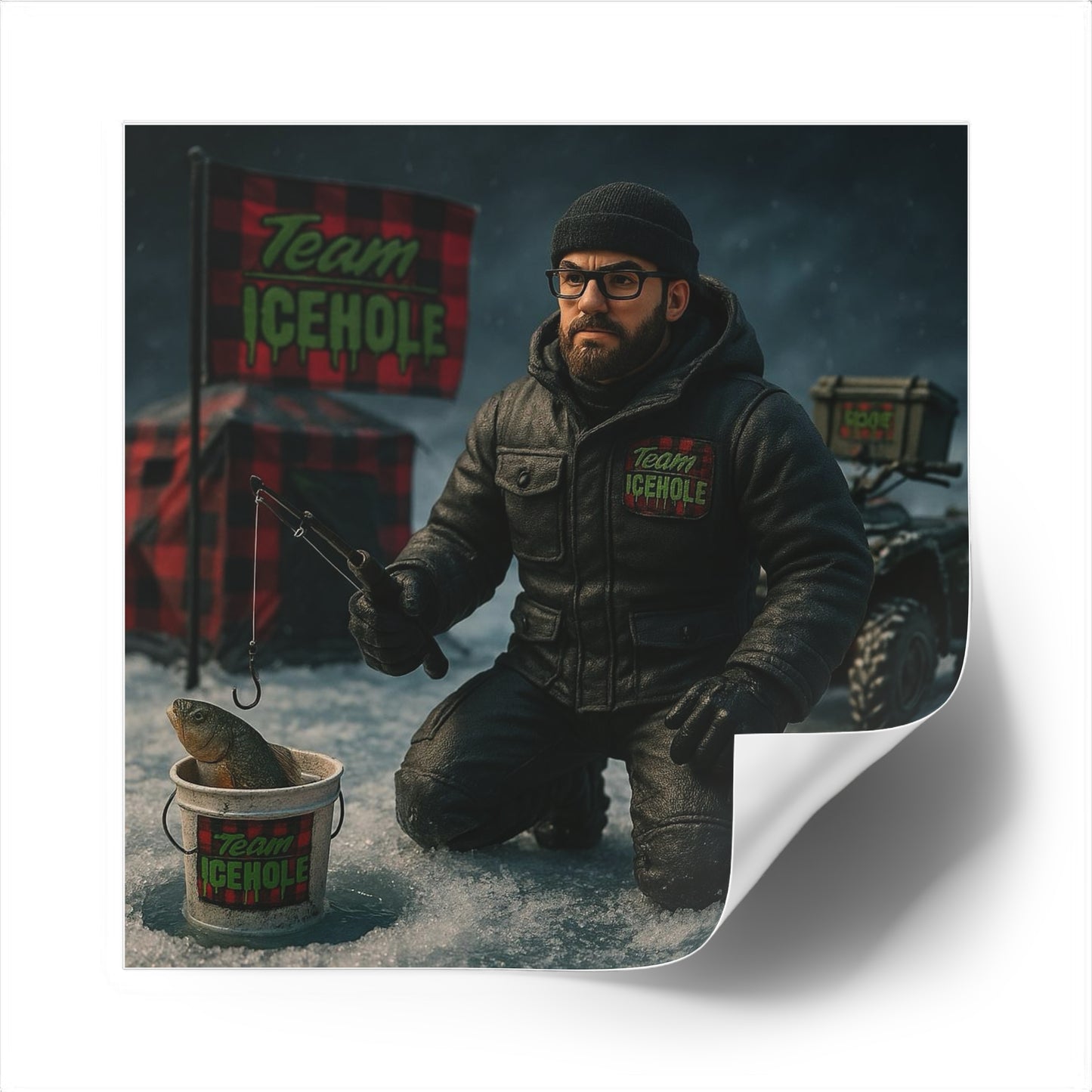 Team Icehole Ice Fishing Camp Setup Square Stickers | Outdoor & Indoor Decor, Perfect for Sports Enthusiasts