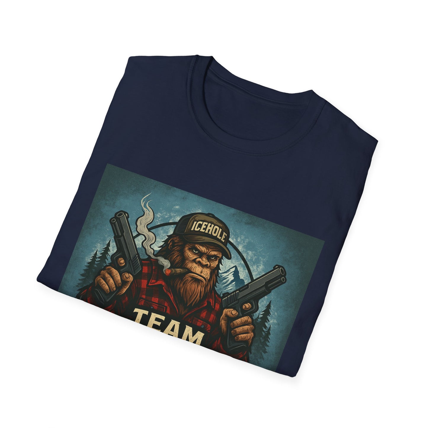 Team Icehole Unisex Softstyle T-Shirt Big Foot With Background and Guns