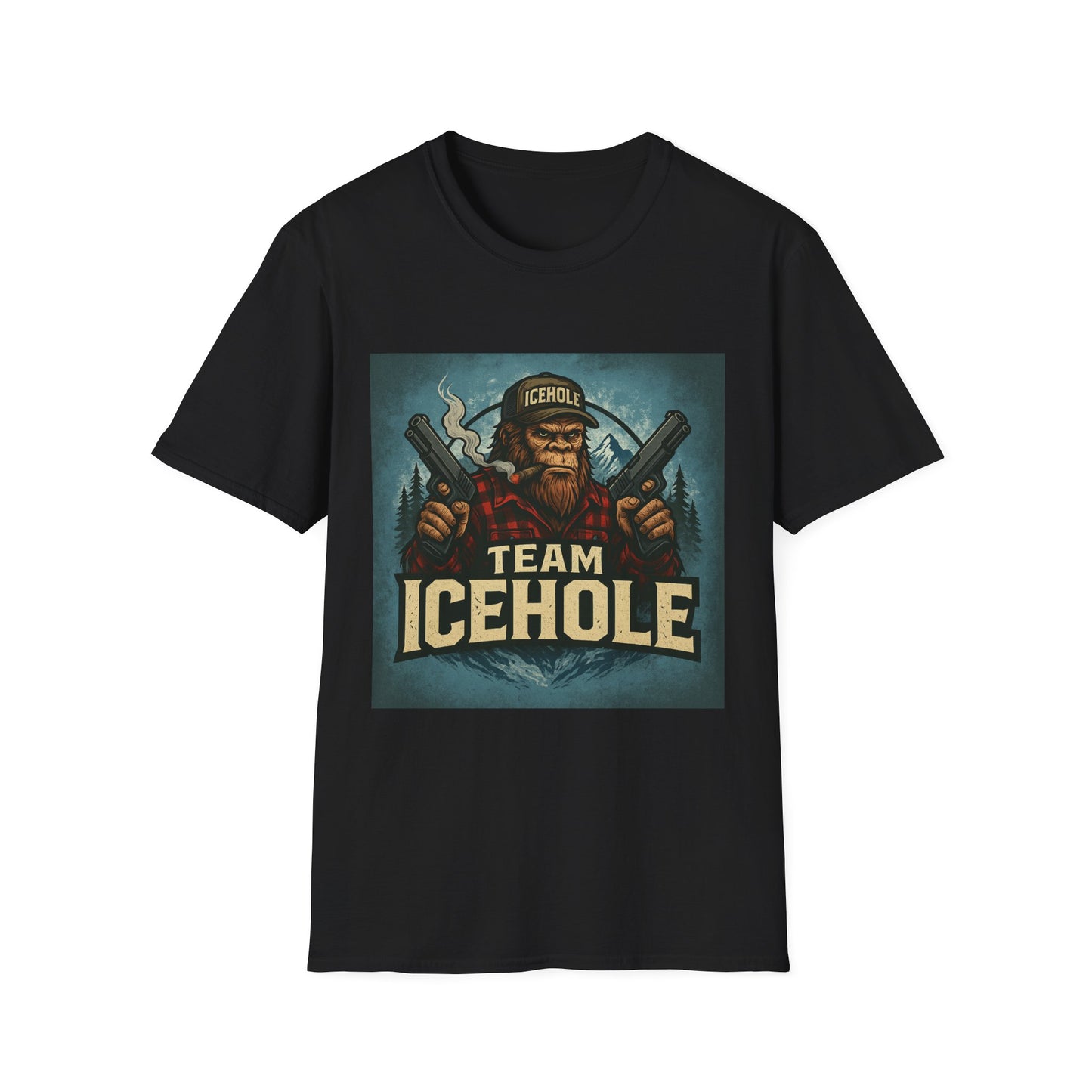 Team Icehole Unisex Softstyle T-Shirt Big Foot With Background and Guns