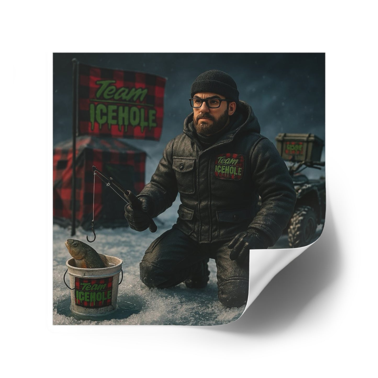 Team Icehole Ice Fishing Camp Setup Square Stickers | Outdoor & Indoor Decor, Perfect for Sports Enthusiasts