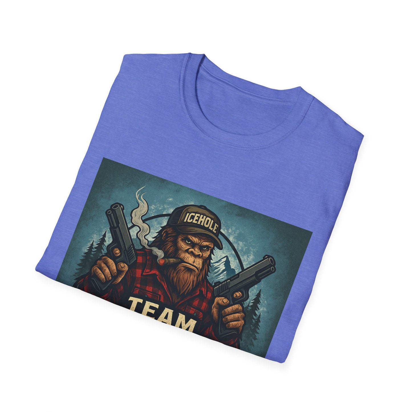 Team Icehole Unisex Softstyle T-Shirt Big Foot With Background and Guns