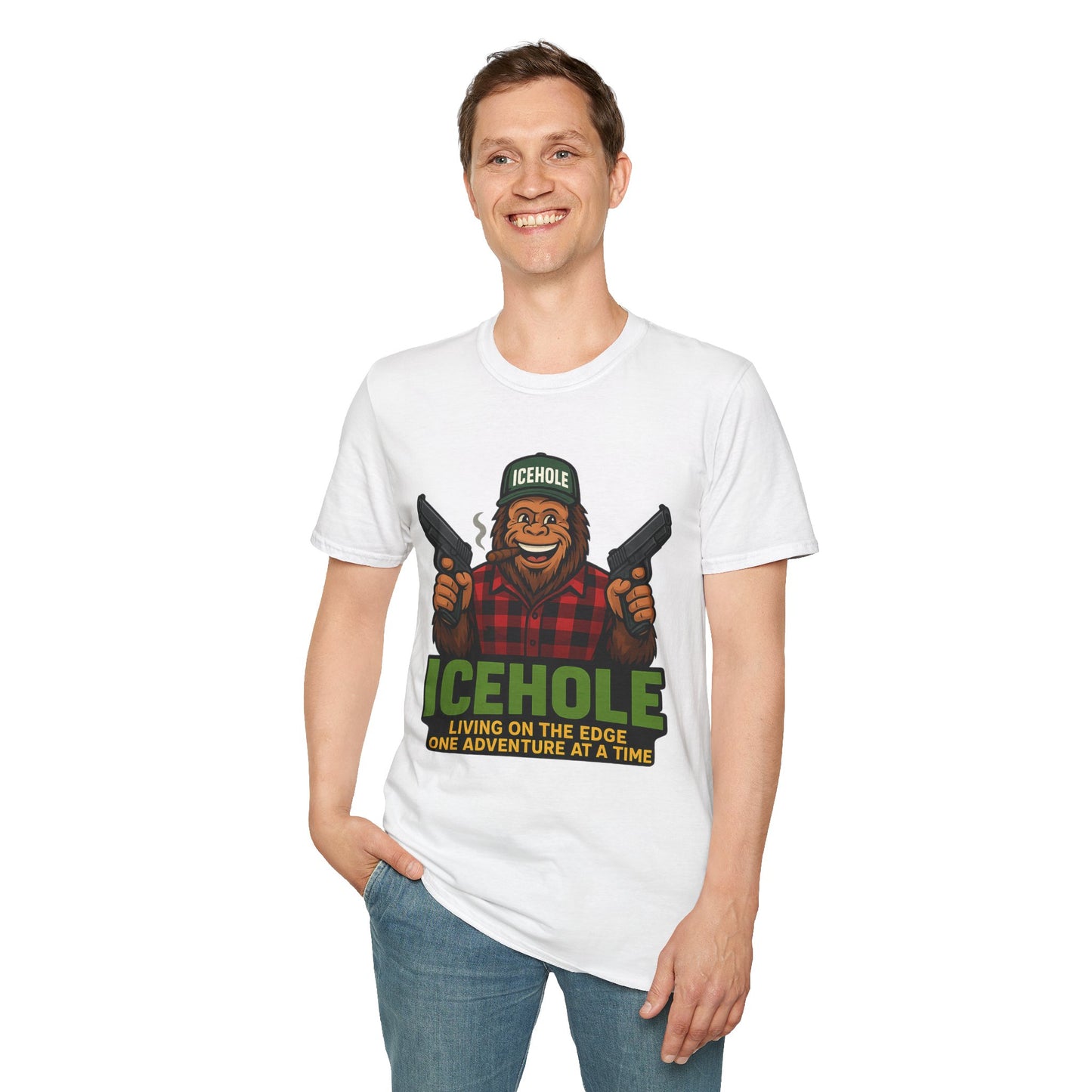 Adventure Living On The Edge Team IceHole Big Foot -Unisex Softstyle T-Shirt
