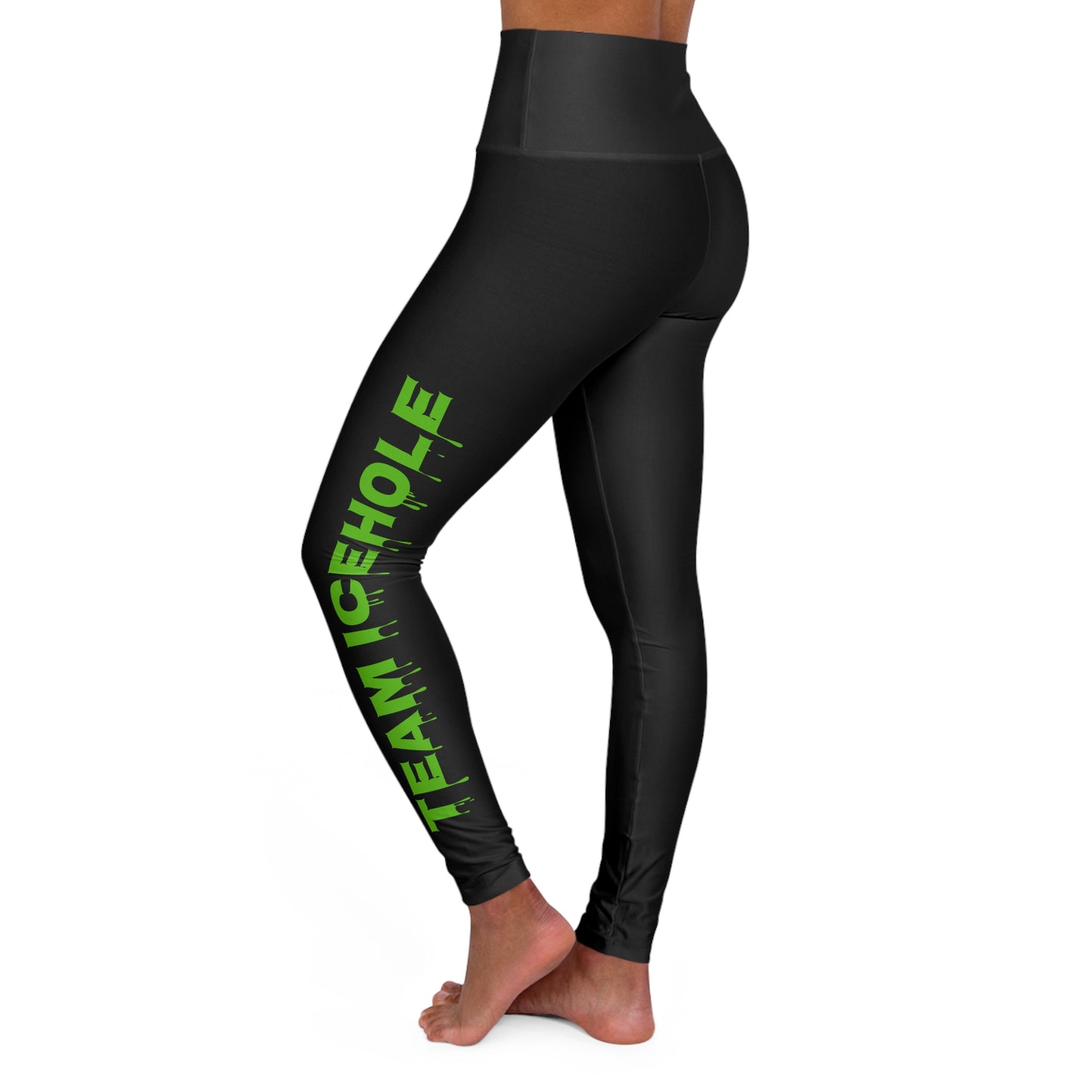 Team IceHole High-Waisted Yoga Leggings — Slim Black Performance Leggings with Neon Green Side Accent