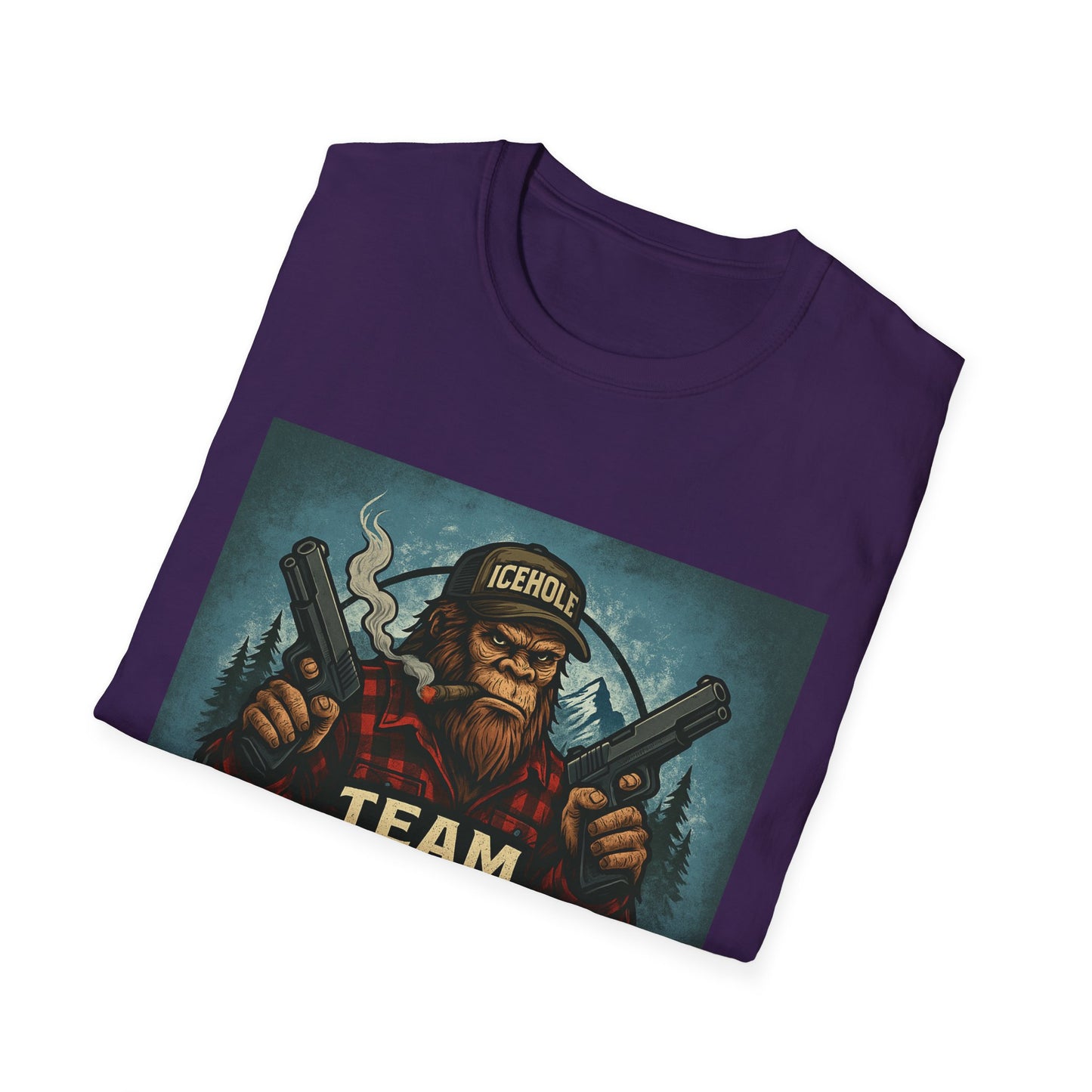 Team Icehole Unisex Softstyle T-Shirt Big Foot With Background and Guns