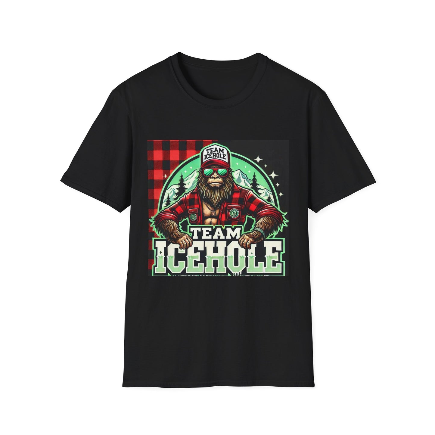 T-Shirt for Outdoor Enthusiasts - Team IceHole BigFoot Holding Logo