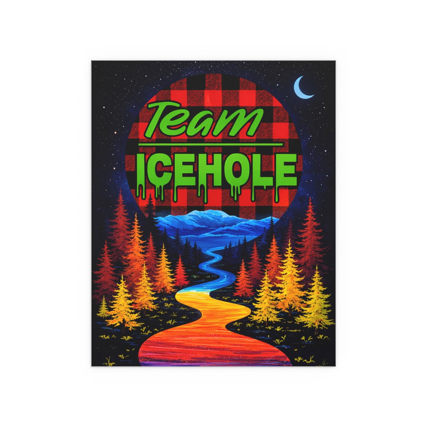 Team Icehole Silk Poster — Retro Forest Night Scenic Wall Art (Indoor/Outdoor)