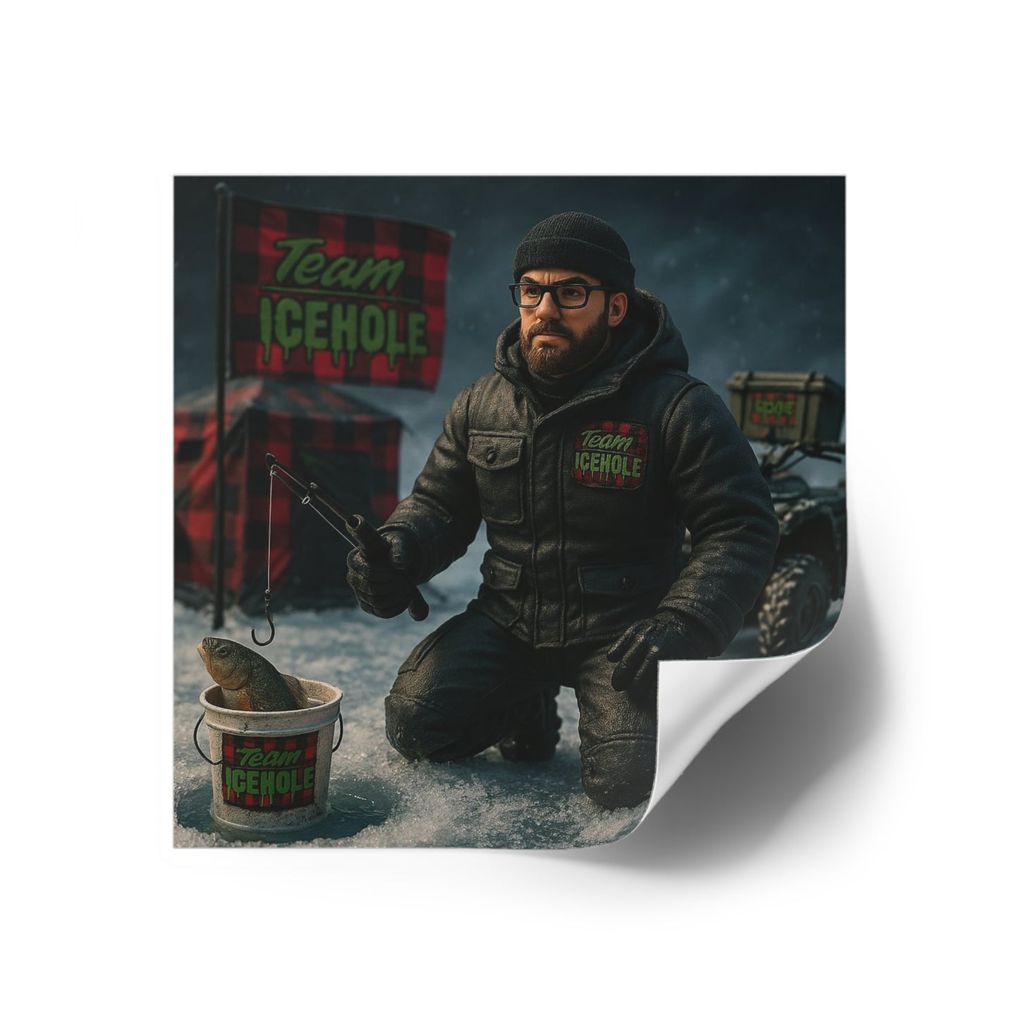 Team Icehole Ice Fishing Camp Setup Square Stickers | Outdoor & Indoor Decor, Perfect for Sports Enthusiasts