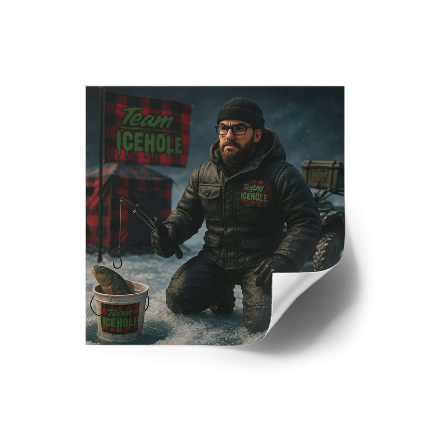 Team Icehole Ice Fishing Camp Setup Square Stickers | Outdoor & Indoor Decor, Perfect for Sports Enthusiasts