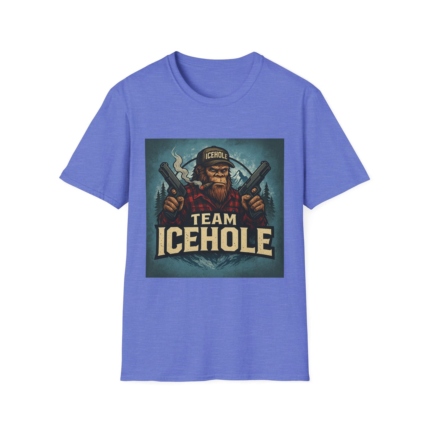 Team Icehole Unisex Softstyle T-Shirt Big Foot With Background and Guns