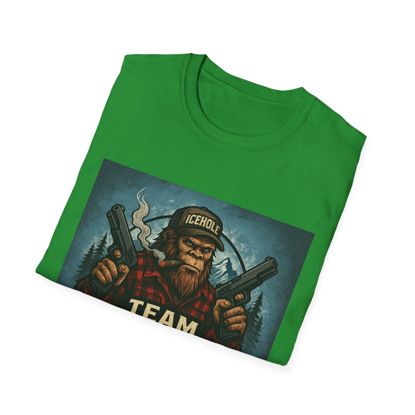 Team Icehole Unisex Softstyle T-Shirt Big Foot With Background and Guns